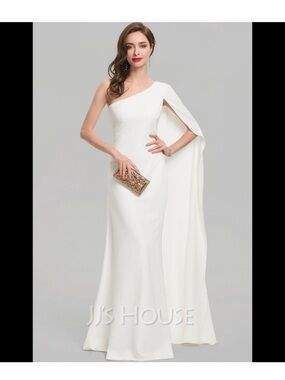JJs House One-Shoulder White Evening Gown with Draped Cape